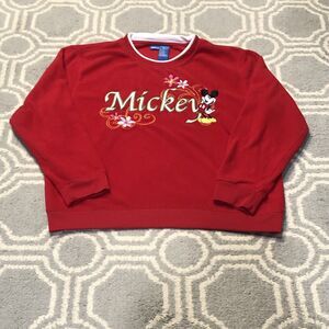 Vintage Mickey Mouse Sweater Womens XL Red Flower Embroidered Disney Pullover